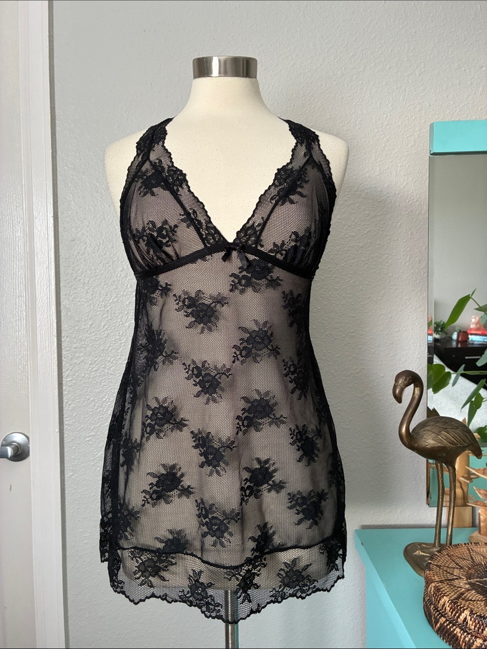 Victoria's Secret Black Sheer Floral Lace Chemise Lingerie Large Halter
